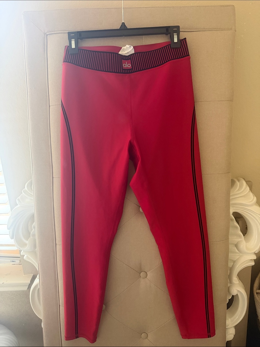 ALO Yoga Kids Red Leggings with Black Striped Waistband